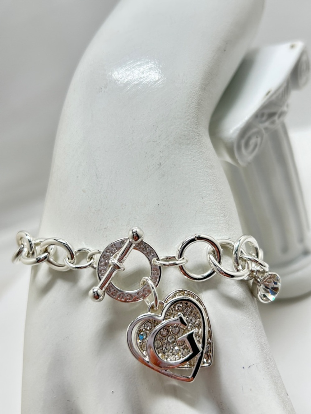 Guess, Silver Bracelet, Heart Charms, Clear Crystals, 8”, NWT